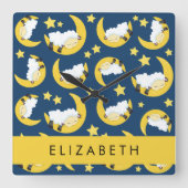 羊のパターン,眠っている羊,月,あなたの名前 スクエア壁時計 (正面)