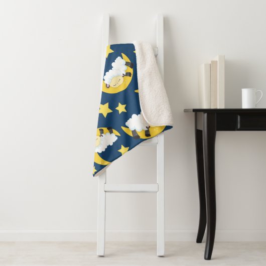 羊のパターン，眠っている羊，月，星 シェルパブランケット (インサイチュ)