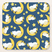 羊のパターン，眠っている羊，月，星 スクエアペーパーコースター (正面)
