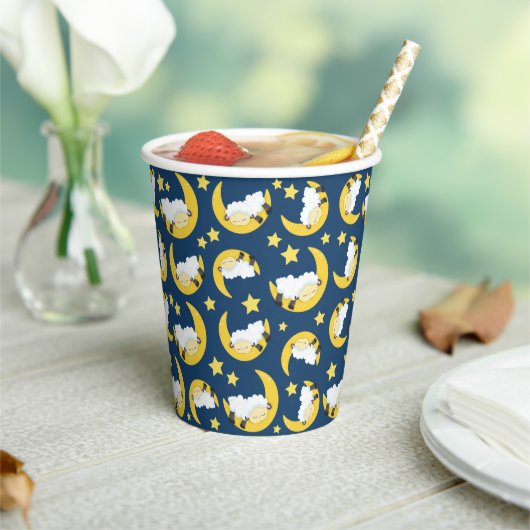 羊のパターン，眠っている羊，月，星 紙コップ (インサイチュ)