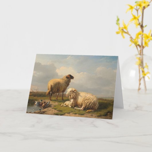 羊の子羊とアヒル | ユージェーヌジョセフヴェルボエクホーフェン カード (黄色い花)