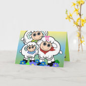 羊の家族と漫画の誕生日カード カード (黄色い花)