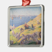 羊の犬と一緒に海を見ている羊飼い メタルオーナメント (左)