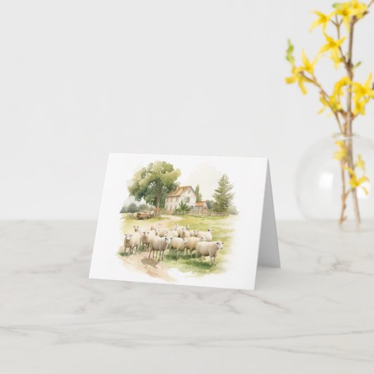 羊の群れを持つオールドファームハ空白のウス カード (黄色い花)