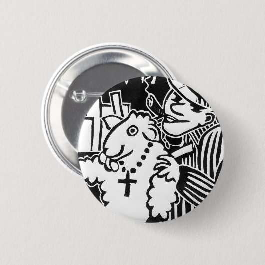 羊の衣を着た資本家に用心 缶バッジ (正面&裏面)