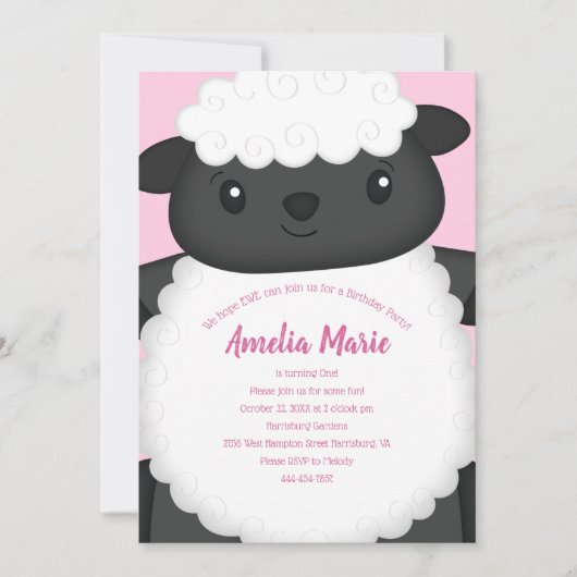 羊の誕生日パーティーピンク 招待状 (正面)