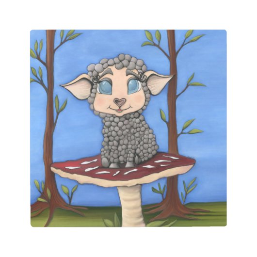 羊の赤ちゃんがきのこに乗ってる メタルプリント (正面)