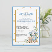 羊の赤ちゃんがやってくる | 青いベビーシャワーの招待状 招待状 (スタンド正面)