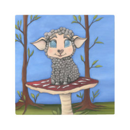 羊の赤ちゃんとキノコ メタルプリント