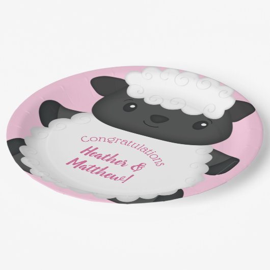 羊の赤ちゃんシャワーピンク ペーパープレート (アングル)