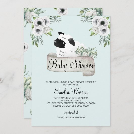 羊の赤ちゃんシャワーフローラ 招待状 (正面/裏面)