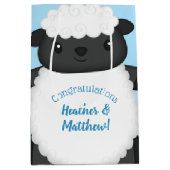 羊の赤ちゃんシャワーブルー ミディアムペーパーバッグ (正面)