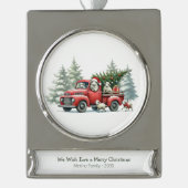 羊の赤素朴トラックをテーマにした シルバープレートバナーオーナメント (正面)