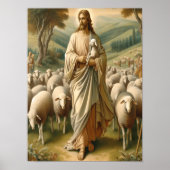 羊を緑の牧草地で導くイエス ポスター (正面)