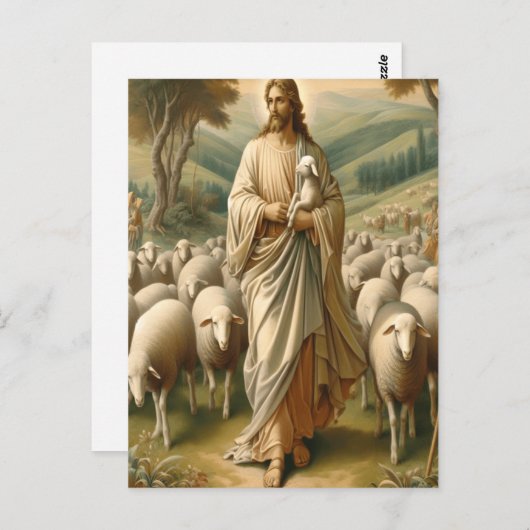 羊を緑の牧草地で導くイエス ポストカード (正面/裏面)