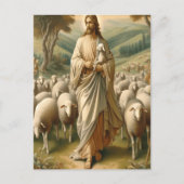 羊を緑の牧草地で導くイエス ポストカード (正面)