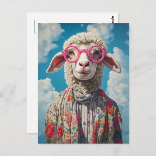 羊スタイリッシュピンクの眼鏡フローラ衣装ブルースカイ ポストカード (正面/裏面)