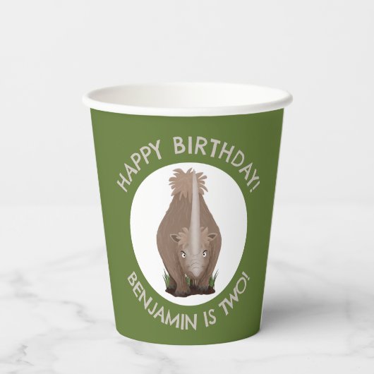 羊毛のサイのエラスモウパーソナライズされたム誕生日 紙コップ (裏面)