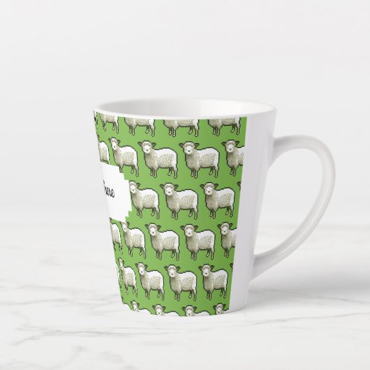 羊毛の白い羊のピクセルアートパターンの群れ カフェラテマグ (右)