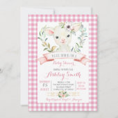 羊牧場赤ちゃんシャワー誘いピンクの女 招待状 (正面)