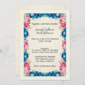 羊皮紙にピンクとブルーのフェイク花を結婚咲かせる 招待状 (正面/裏面)