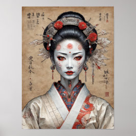 羊皮紙に描かれた日本のサイバーパンク芸者 ポスター