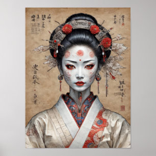 羊皮紙に描かれた日本のサイバーパンク芸者 ポスター
