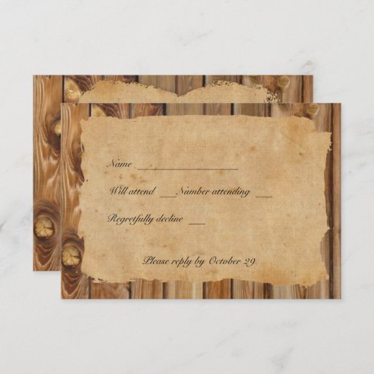 羊皮紙の封筒が付いている木によってずたずたに裂かれるハートのrsvp 出欠カード (正面/裏面)