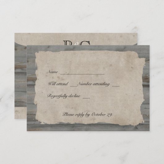 羊皮紙の封筒が付いている木製の素朴な国のrsvp 出欠カード (正面/裏面)