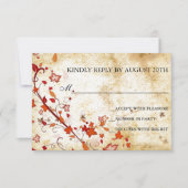 羊皮紙の渦巻のかえでの葉のヴィンテージの秋RSVP 出欠カード (正面)