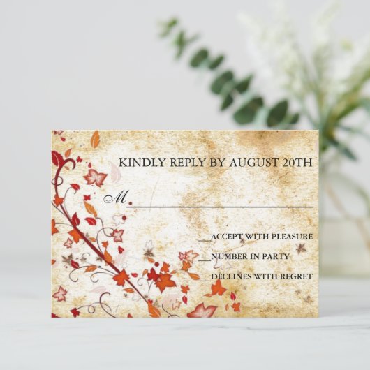 羊皮紙の渦巻のかえでの葉のヴィンテージの秋RSVP 出欠カード (スタンド正面)
