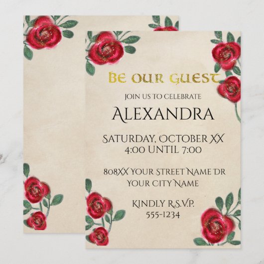 羊皮紙の赤いバラ 招待状 (正面/裏面)