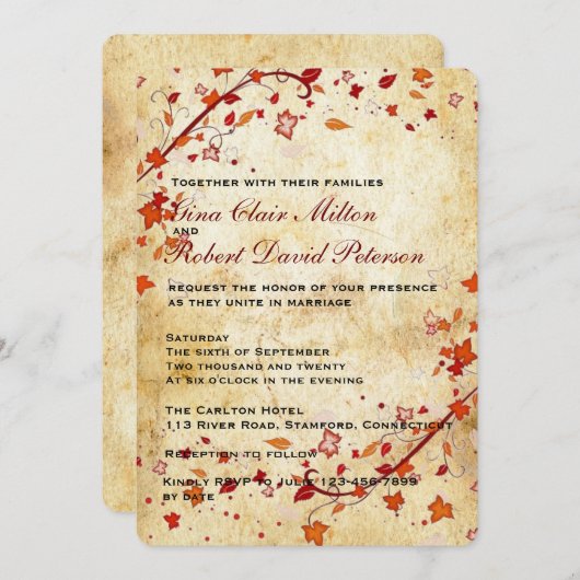 羊皮紙は秋の結婚式かえでの葉のヴィンテージの渦巻きます 招待状 (正面/裏面)