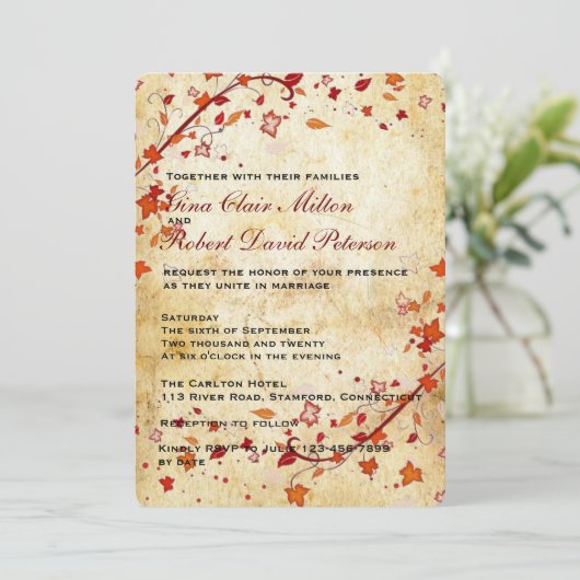 羊皮紙は秋の結婚式かえでの葉のヴィンテージの渦巻きます 招待状 (スタンド正面)