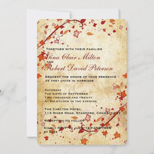 羊皮紙は秋の結婚式かえでの葉のヴィンテージの渦巻きます 招待状 (正面)