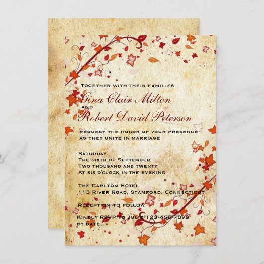 羊皮紙は秋の結婚式かえでの葉のヴィンテージの渦巻きます 招待状 (正面/裏面)