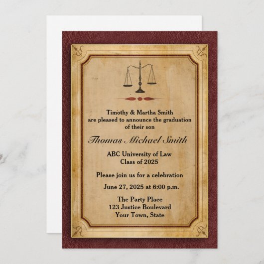 、羊皮紙正義のはかりで測られる、卒業生の発表 招待状 (正面/裏面)