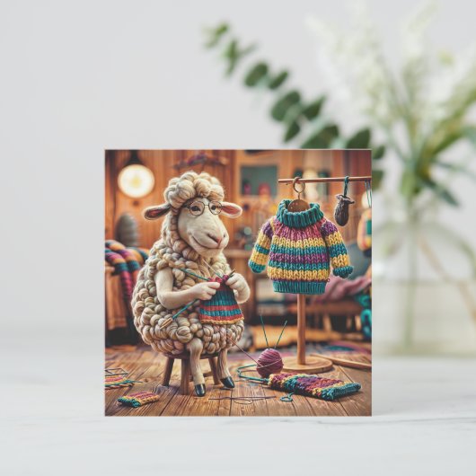 羊編み物1.2平おもしろいらなグリーティングカード シーズンカード (スタンド正面)