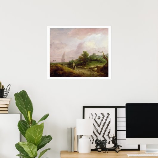 羊飼いと彼の群れを持つ沿岸の風景, c ポスター (ホームオフィス)