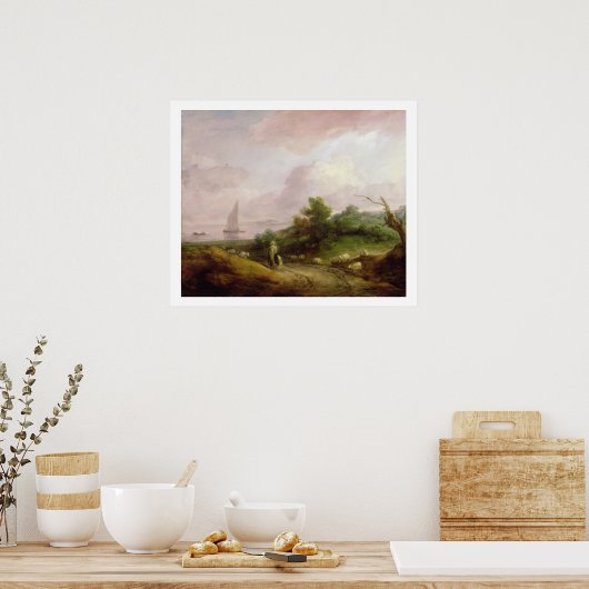 羊飼いと彼の群れを持つ沿岸の風景， c ポスター (キッチン)