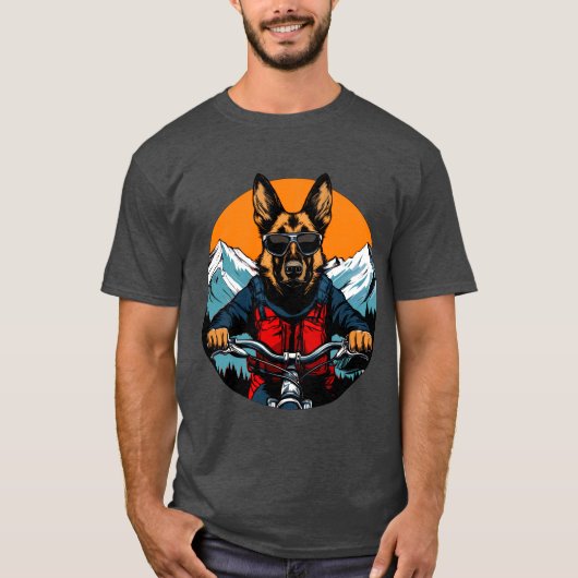 羊飼い犬バイクもしくは自転車に乗る人/マウンテンバイク羊飼い犬T- Tシャツ (正面)