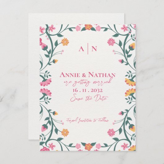 美かわいらししい黄色のピンクのフローラフレ結婚ーム 案内ポストカード (正面/裏面)