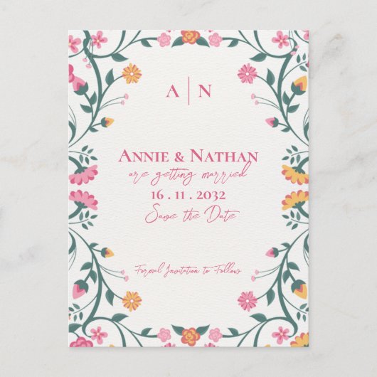 美かわいらししい黄色のピンクのフローラフレ結婚ーム 案内ポストカード (正面)