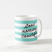 美しいおはよう! 青い縞パターン コーヒーマグカップ (正面右)