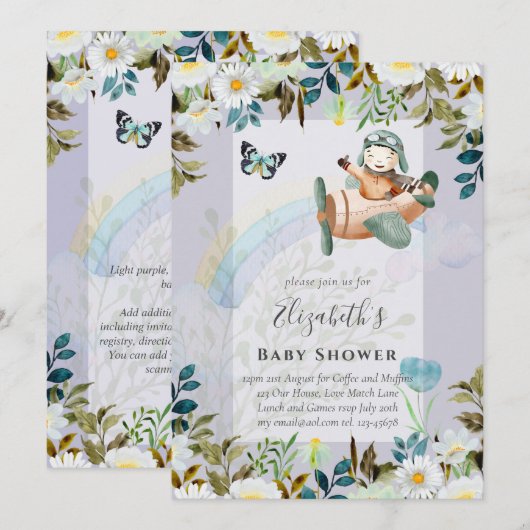 美しいおもしろいパイロット男の赤ちゃんシャワー招待状 (正面/裏面)