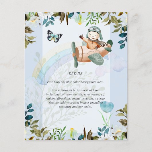 美しいおもしろいパイロット男の赤ちゃんシャワー招待状 チラシ (裏面)