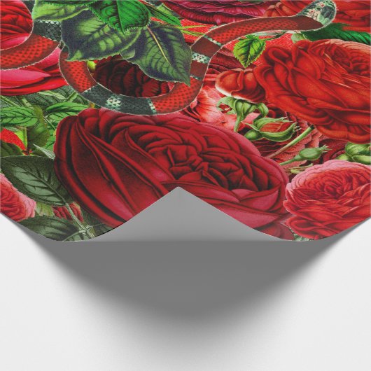 美しいおよび獣-ヘビおよびばら色の花模様 ラッピングペーパー (角)