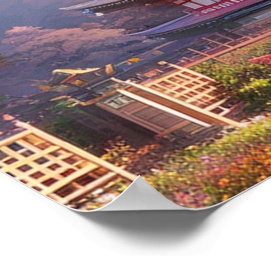 美しいお寺と開花するさくらんぼの木 ポスター (角)