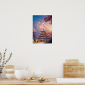 美しいお寺と開花するさくらんぼの木 ポスター (キッチン)