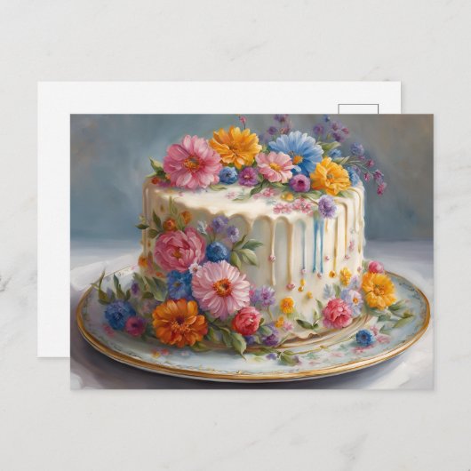 美しいお誕生日ケーキと花 ポストカード (正面/裏面)